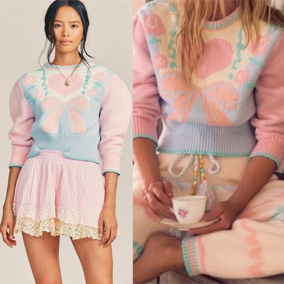 Loveshackfancy Emani Crewneck Sweater Fairy Forest Pink/Blue Size Small - Picture 1 of 8